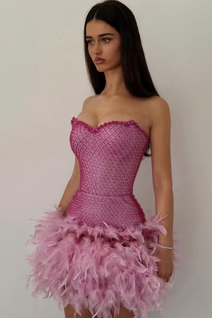 Luxurious Sparkly Beaded Top Short Tight Homecoming Dress with Feather