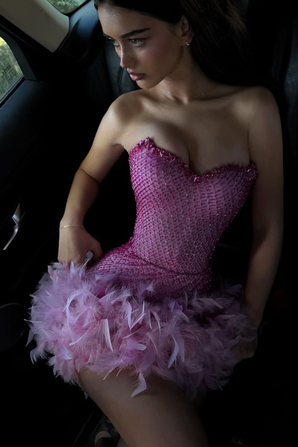 Luxurious Sparkly Beaded Top Short Tight Homecoming Dress with Feather