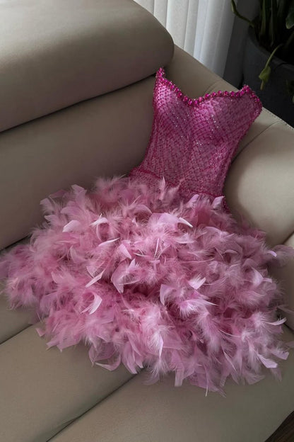 Luxurious Sparkly Beaded Top Short Tight Homecoming Dress with Feather