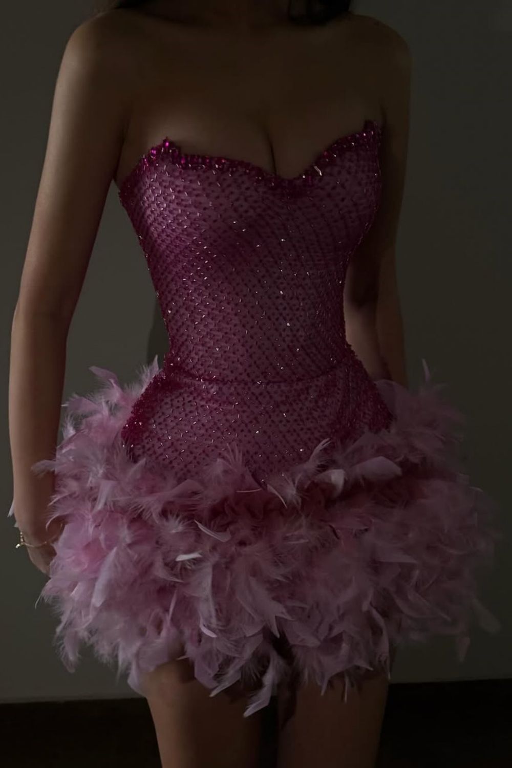 Luxurious Sparkly Beaded Top Short Tight Homecoming Dress with Feather