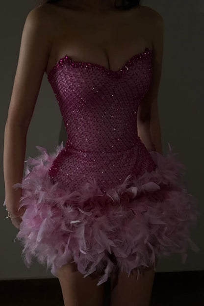 Luxurious Sparkly Beaded Top Short Tight Homecoming Dress with Feather