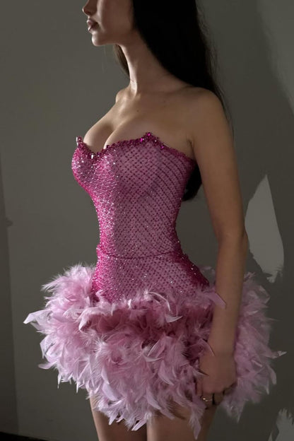 Luxurious Sparkly Beaded Top Short Tight Homecoming Dress with Feather