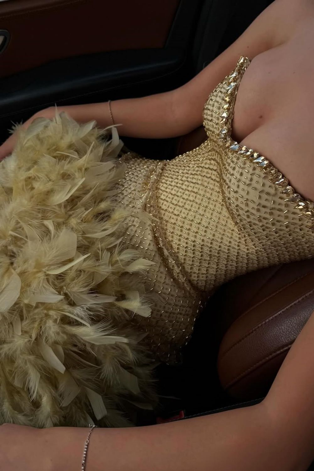 Luxurious Sparkly Beaded Top Short Tight Homecoming Dress with Feather