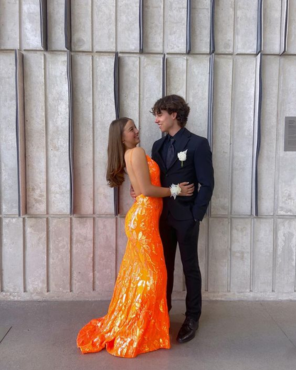 Unique Prtint Orange Long Mermaid Prom Dress Evening Dress SH953