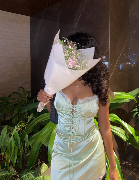 Cute Sheath Spaghetti Strap Lace Light Green Satin Short Homecoming Dress Outfits SH2244