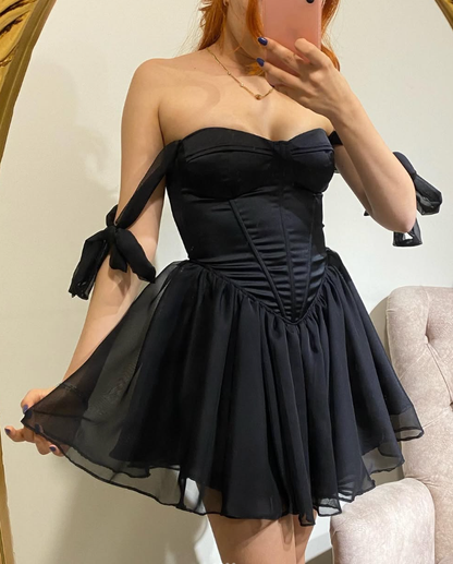 Cute A Line Off the Shoulder Black Satin Chiffon Short Homecoming Dress Evening Dress SH2158