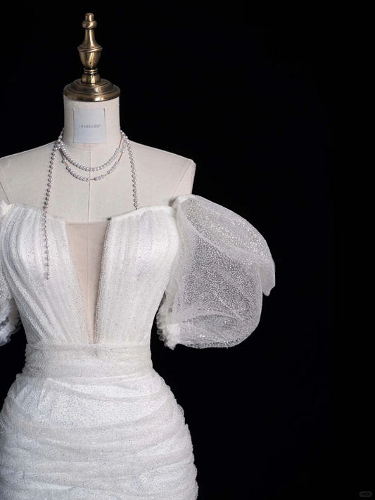 Cute Sheath Puff Sleeve White Tulle Short Prom Dress Graduation Prom Dress SH2473