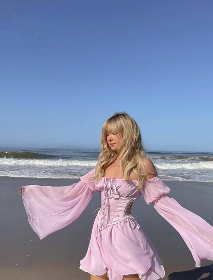 Pink A Line Long Sleeve Chiffon Satin Short Homecoming Dress Outfits SH2182