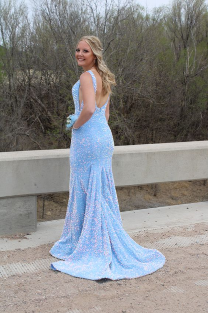 Elegant Light Blue Sequin Meramid Backless Prom Dress Evening Dress SH887