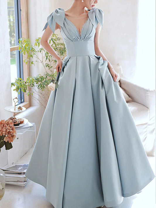 Blue V Neck Satin Beads Long Prom Dress Bow on Shoulder