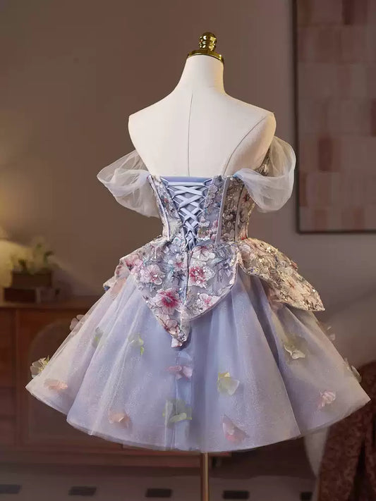 Blue purple short puffy homecoming dress party birthday party mesh French dress princess dress prom dress gh4604