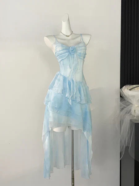 Light blue ruffle floral pleated short homecoming dress prom dress birthday dress gh4616