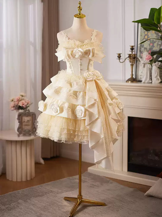 Yellow short homecoming dress Lolita princess dress light luxury cake dress birthday party dance dress gh4607