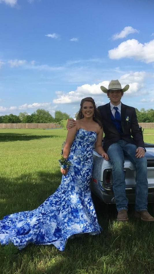 Unique Blue Print Strapless Long Mermaid Prom Dress Evening Dress SH1089