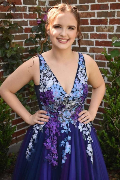 Ombre purple Tulle Appliques A Line Prom Dress Long Evening Dress SH990