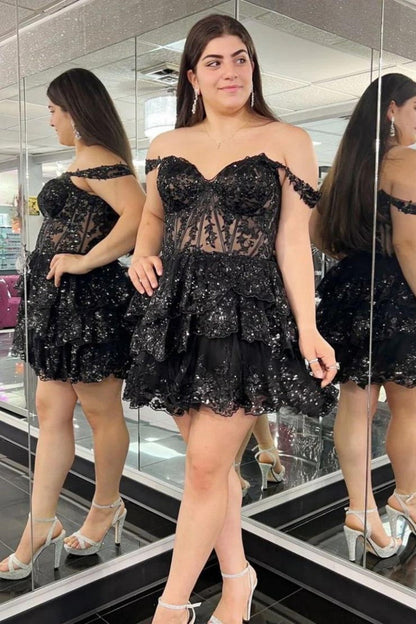 Glamorous Dark Blue Off-The-Shoulder A-Line Tiered Short Party Dress