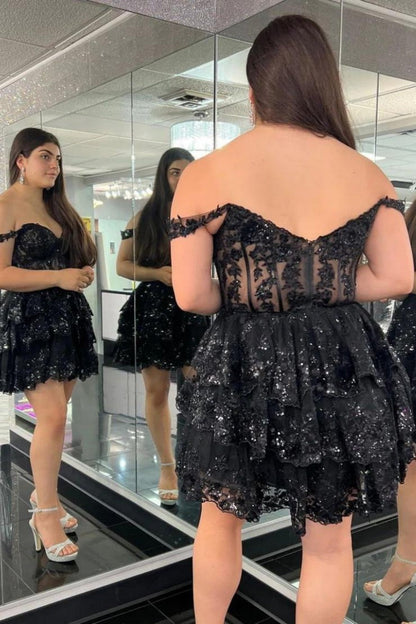 Glamorous Dark Blue Off-The-Shoulder A-Line Tiered Short Party Dress