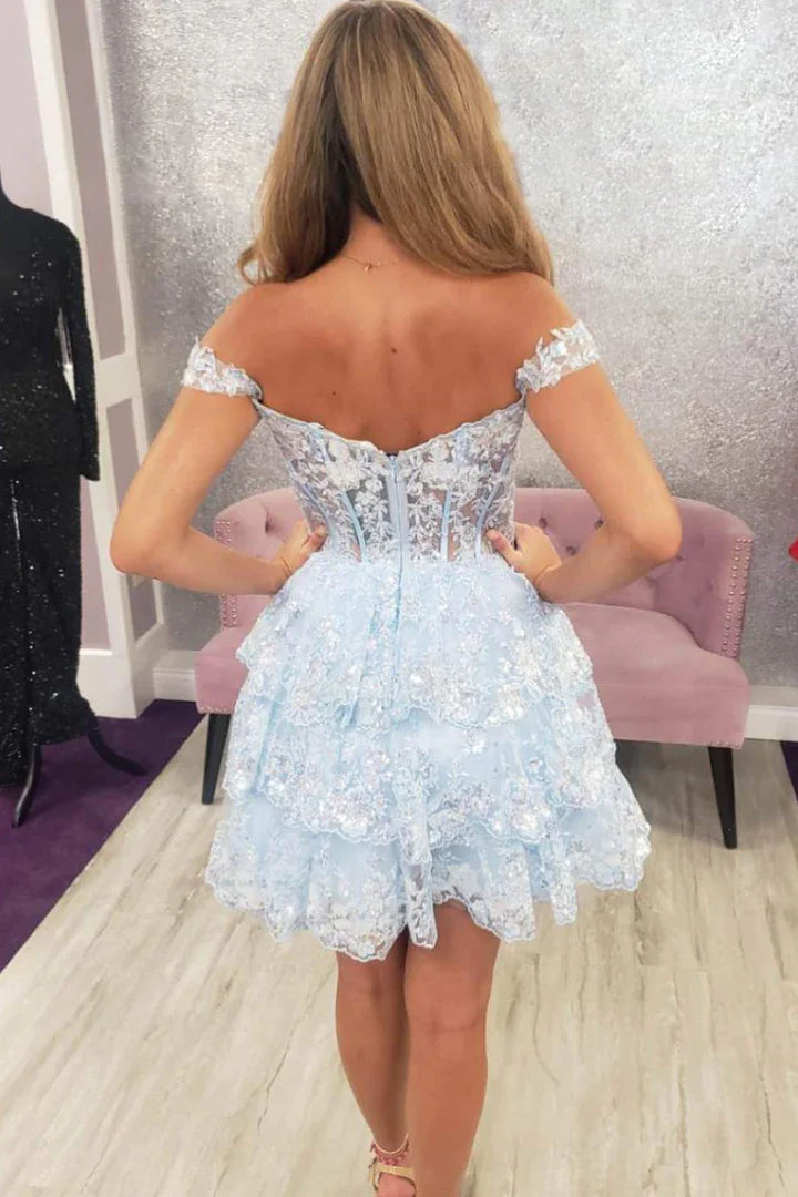 Off The Shoulder Lace Sequin Homecoming Dress, AST1011
