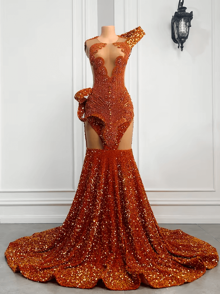 Sparkly Orange Prom Dress Mermaid Long Formal Gowns Elegant