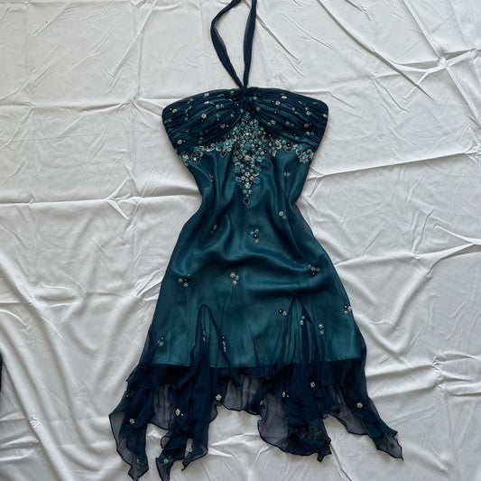 amakanas-Blue floral beaded short halter chiffon homecoming dress birthday party dress gh5263