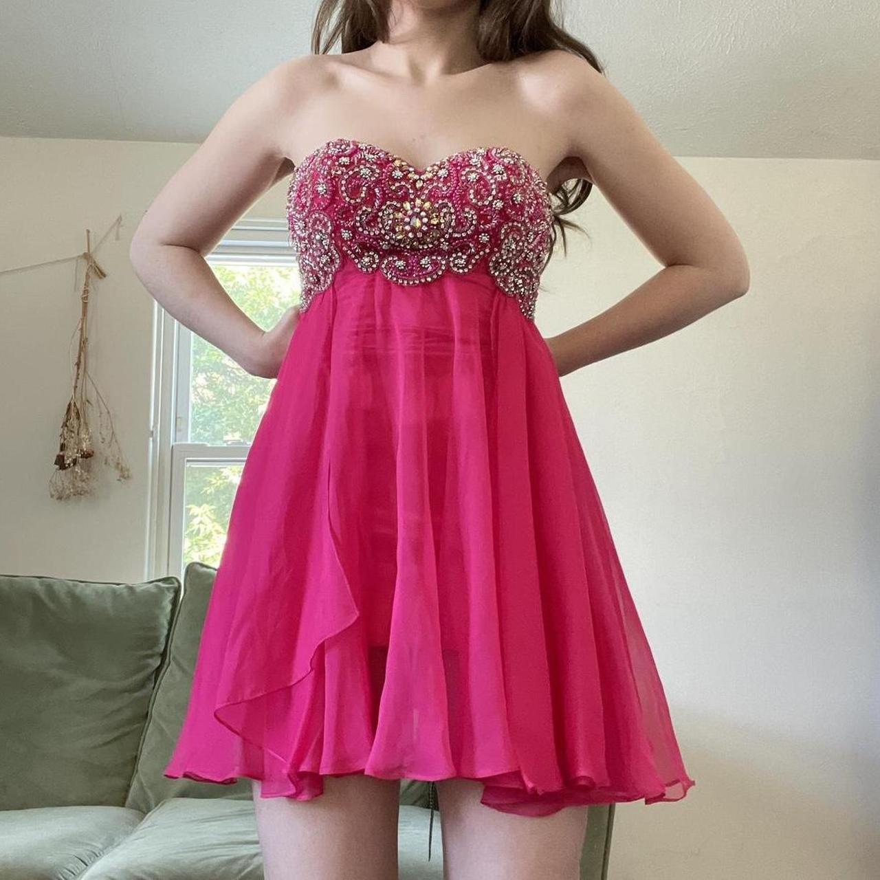 Y2K Bright Pink Rhinestone Off-the-shoulder Sweetheart Neck Sequin Short Chiffon Flowing Homecoming Dress Cocktail Party Dress gh4742