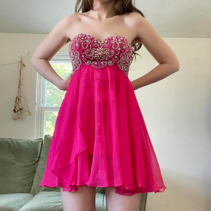 Y2K Bright Pink Rhinestone Off-the-shoulder Sweetheart Neck Sequin Short Chiffon Flowing Homecoming Dress Cocktail Party Dress gh4742