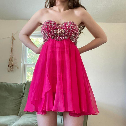 Y2K Bright Pink Rhinestone Off-the-shoulder Sweetheart Neck Sequin Short Chiffon Flowing Homecoming Dress Cocktail Party Dress gh4742