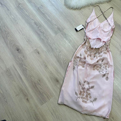 Stunning vintage pale pink fairy dress silver floral beading beautiful prom dress beaded dress y2k dress fairy dress homecoming dress wedding guest dress 2000s dress gh4513
