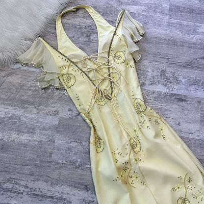 Yellow vintage prom dress maxi dress fairy dress y2k dress homecoming dress suspender dress sequin floral delicate cute prom/wedding/summer/date gh4515