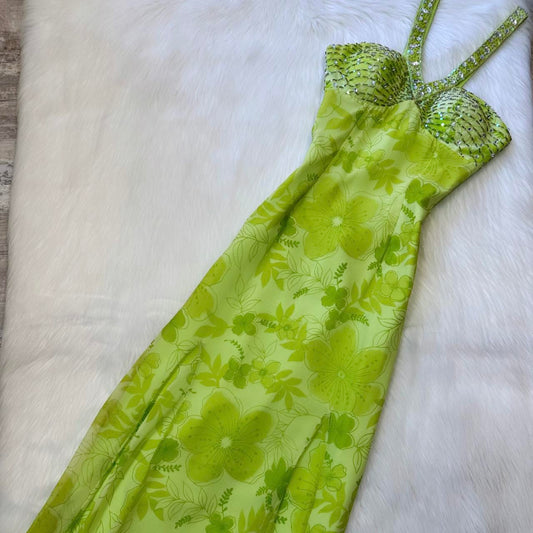 Beautiful light green maxi dress floral sequins vintage prom dress 90s dress maxi dress y2k dress fairy dress wedding guest dress homecoming dress gh4516