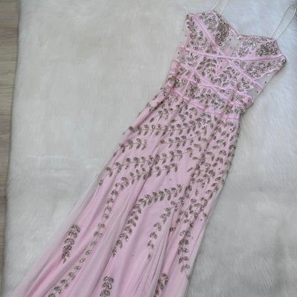 Light pink y2k gorgeous exquisite beaded long chiffon halter real beautiful silver floral sequin wedding guest dress date dress graduation dress vintage prom dress fairy dress 2000s dress homecoming dress gh4519