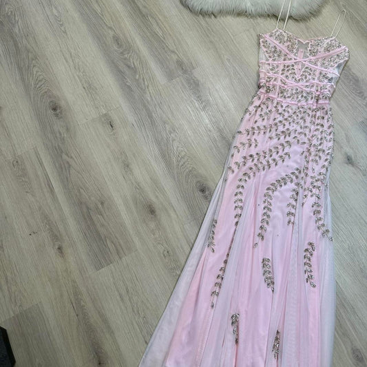 Light pink y2k gorgeous exquisite beaded long chiffon halter real beautiful silver floral sequin wedding guest dress date dress graduation dress vintage prom dress fairy dress 2000s dress homecoming dress gh4519