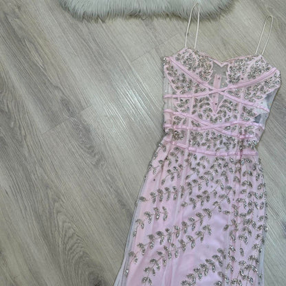 Light pink y2k gorgeous exquisite beaded long chiffon halter real beautiful silver floral sequin wedding guest dress date dress graduation dress vintage prom dress fairy dress 2000s dress homecoming dress gh4519