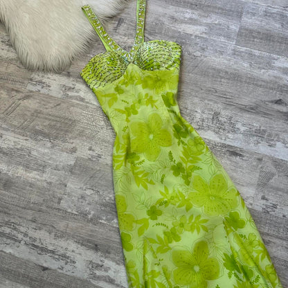 Beautiful light green maxi dress floral sequins vintage prom dress 90s dress maxi dress y2k dress fairy dress wedding guest dress homecoming dress gh4516