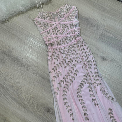 Light pink y2k gorgeous exquisite beaded long chiffon halter real beautiful silver floral sequin wedding guest dress date dress graduation dress vintage prom dress fairy dress 2000s dress homecoming dress gh4519