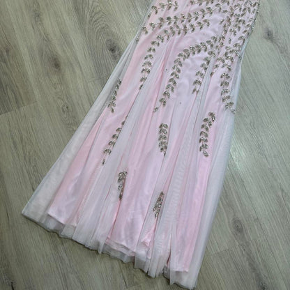 Light pink y2k gorgeous exquisite beaded long chiffon halter real beautiful silver floral sequin wedding guest dress date dress graduation dress vintage prom dress fairy dress 2000s dress homecoming dress gh4519