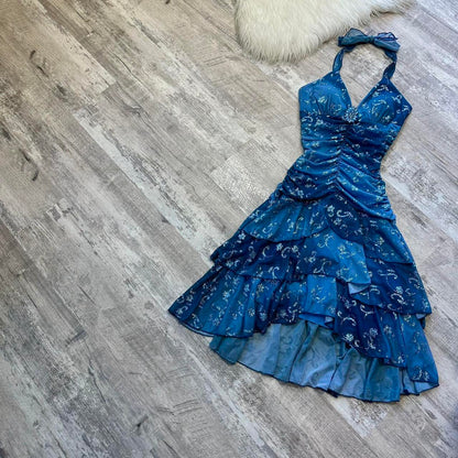 Dark blue homecoming dress Y2k mini backless dress with sparkling floral rhinestone ruffles short chiffon ball gown evening gown party dress gh4716