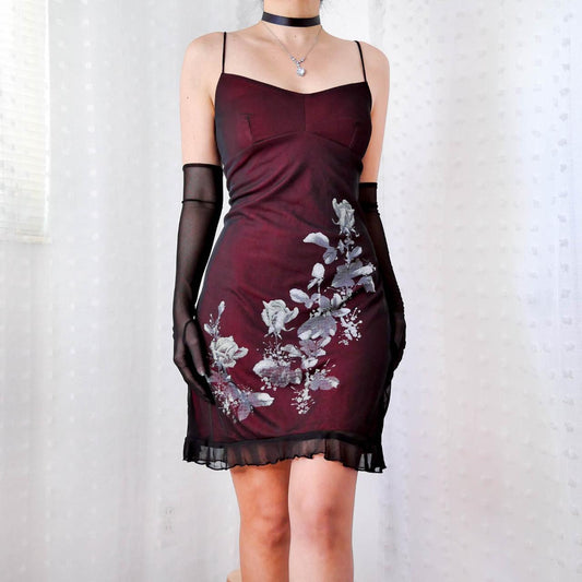 Vintage Crimson Black Ruched Ruffle White Floral Short Chiffon Homecoming Dress Prom Dress Evening Dress Party Dress gh4297