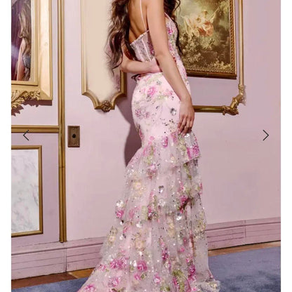 Vintage Pink Floral Sequin Prom Dress Spaghetti Strap Evening Dress Long Sheath Formal Dress TP4645