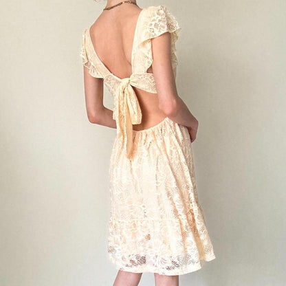 Cream/Yellow Homecoming Dress Lace Baby Doll Dress Ruffle Flowing Open Back Summer gh4595