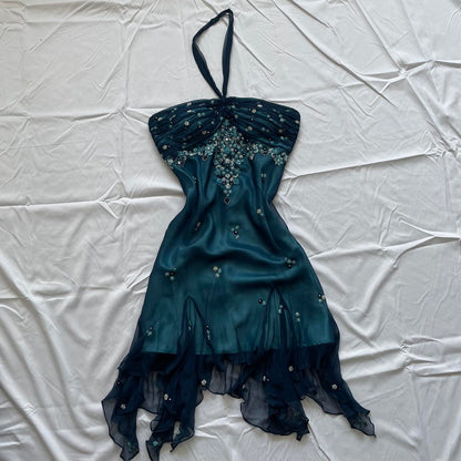 amakanas-Blue floral beaded short halter chiffon homecoming dress birthday party dress gh5263