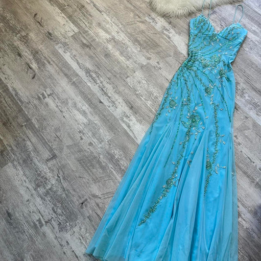 Light blue stunning and elegant Flowers sequined backless retro long prom dress y2k fairy homecoming dress date dress gh4517