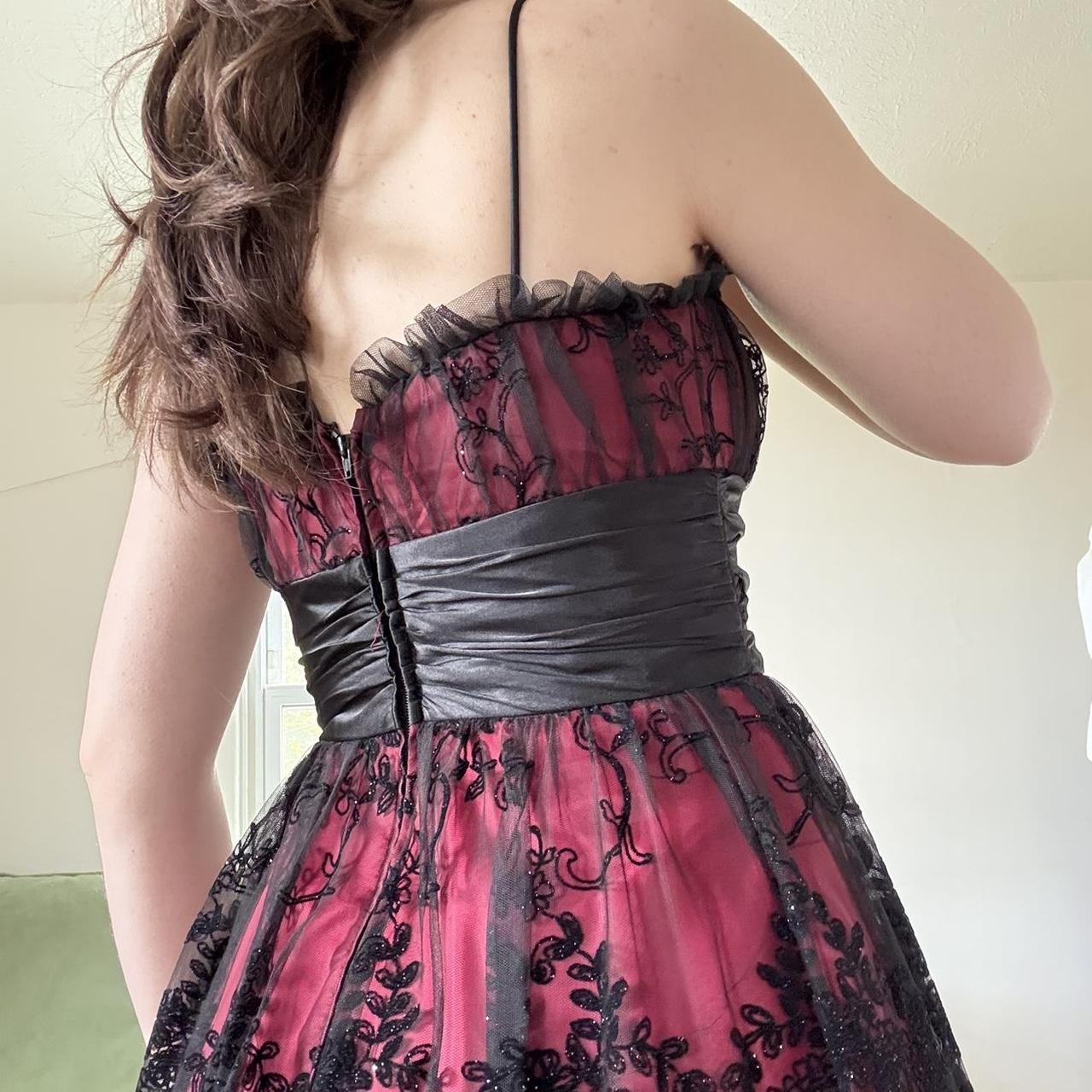 Deep Red Black Y2K Gothic Floral Sequined Tulle Satin Comfort Short Mini Homecoming Dress Party Dress gh4741