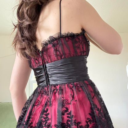 Deep Red Black Y2K Gothic Floral Sequined Tulle Satin Comfort Short Mini Homecoming Dress Party Dress gh4741