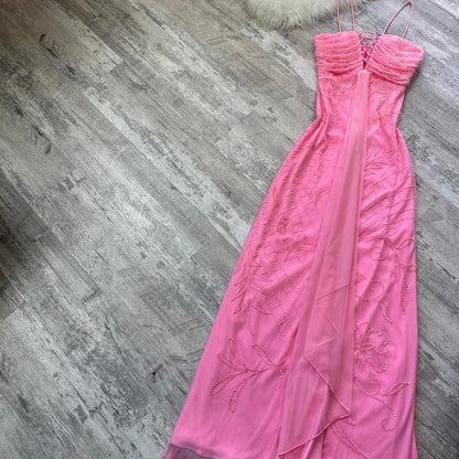 Cute pale pink iridescent sequined flowy maxi dress vintage prom dress sequin dress y2k dress fairy dress barbie dress homecoming dress wedding guest dress 2000s gh4514