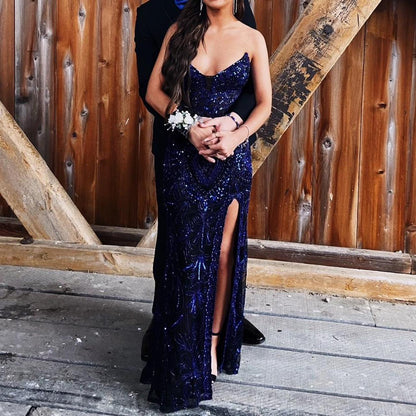 Vintage Purple Sequin Prom Dress Strapless Evening Dress Long Sheath Formal Dress TP4647