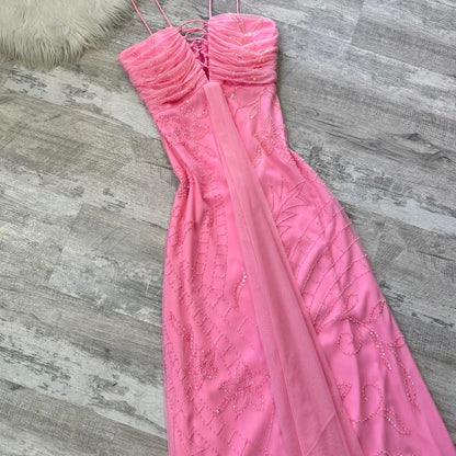 Cute pale pink iridescent sequined flowy maxi dress vintage prom dress sequin dress y2k dress fairy dress barbie dress homecoming dress wedding guest dress 2000s gh4514