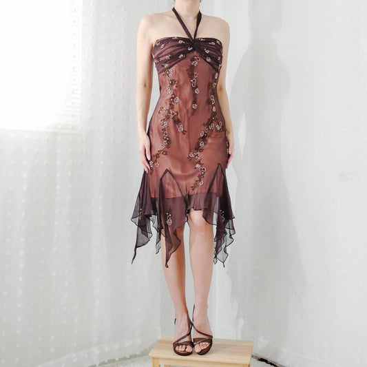 Vintage Peach and Brown Floral Beaded Fairy Short Homecoming Dress Prom Dress Evening Dress Party Dress gh4298