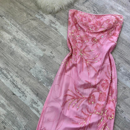 y2k beautiful rare fairy mermaid vintage light pink off the shoulder floral sequins flowing maxi dress stunning date dress, prom dress, dress homecoming dress, wedding guest dress gh4512