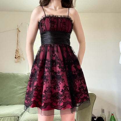 Deep Red Black Y2K Gothic Floral Sequined Tulle Satin Comfort Short Mini Homecoming Dress Party Dress gh4741